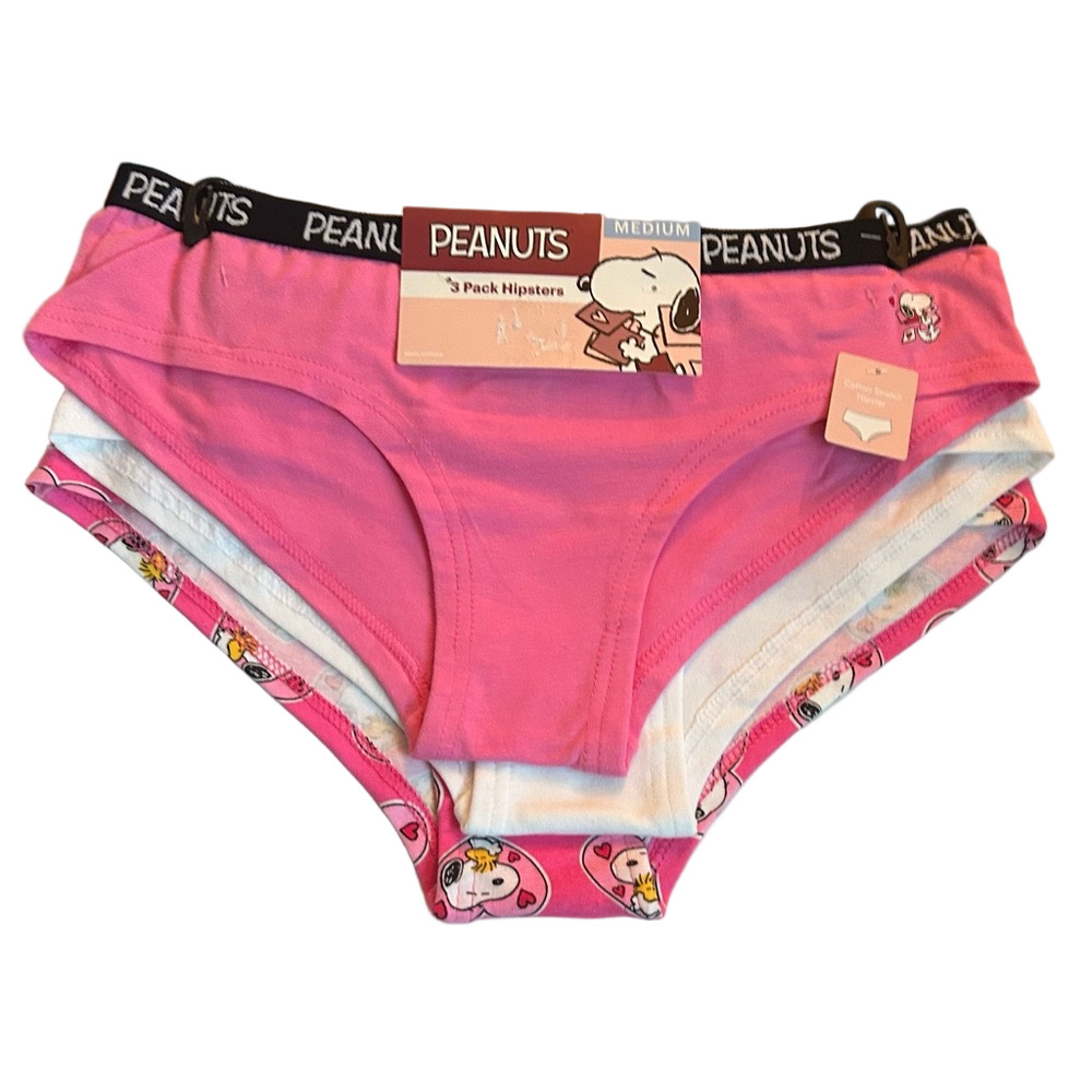 Peanuts Snoopy & Woodstock Heart Hipsters Underwear 3 Pairs Pink White NWT